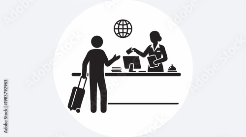 Professional hotel receptionist assisting guest at check-in desk with a friendly smile, flat design vector illustration