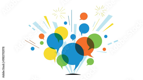 Exploding with Ideas: A vibrant display of colorful speech bubbles burst forth, symbolizing a surge of ideas, innovative thinking, and lively discussion.
