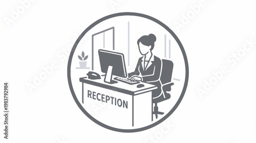 Professional businesswoman in office reception, greeting visitors with a friendly smile, flat design vector illustration