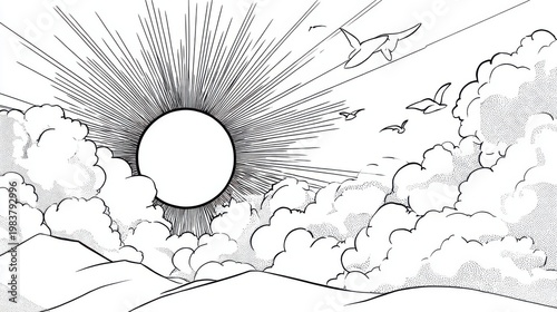Sun Rising Over Mountains with Clouds and Birds in a Sketch Style