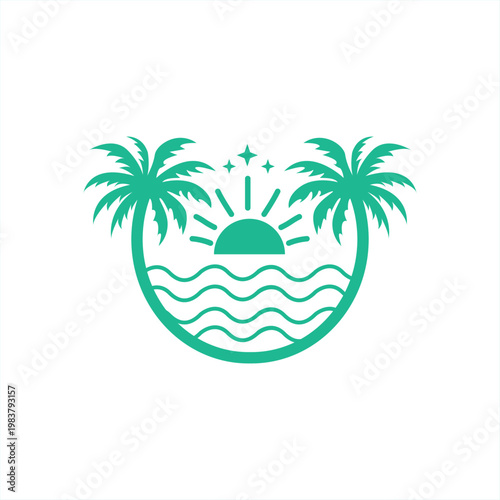 green Tropical Sunset Over Wavy Ocean