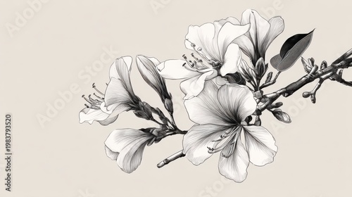 Delicate Floral Illustration with Elegant Blossoms and Branch