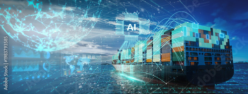 onceptual cargo ship with AI technology and big data analytics. Digital neural network and circuit overlays represent smart maritime logistics and global supply chain management