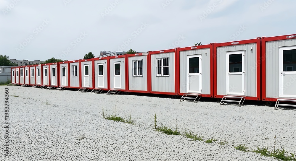 Obraz premium A long row of modular temporary buildings with doors, windows, and red trim, on gravel