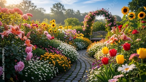 Lush garden path with vibrant flowers and archway.