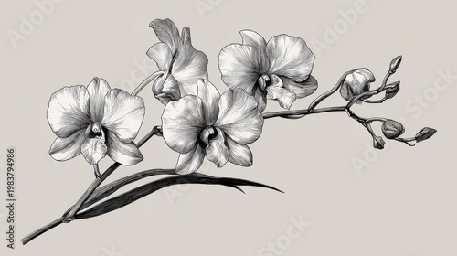 Elegant Black and White Sketch of Orchid Flower Arrangement