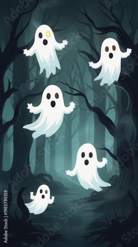 Ghosts floating through dark forest