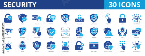 Security icon set collection pack for network and cybersecurity protection. With secure, firewall, encryption, privacy, authentication, protection, 2fa, internet, biometric, scan, and antivirus icon