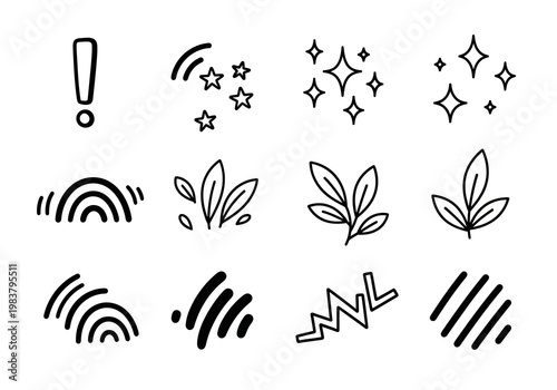 Collection of Doodle Icons Exclamation Mark, Waves, Stars, Sparkles, Rainbow, Leaves, Lightning, and Stripes