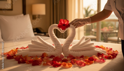 Luxury hotel housekeeping service featuring white towel swans and red rose petals on a bed with warm evening lighting and a maid hand finishing the romantic decor arrangement