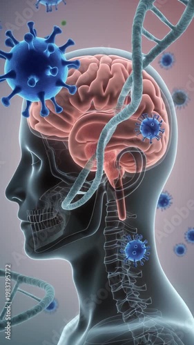 Person with brain and DNA strands surrounded by viruses