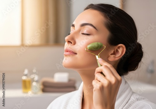 Young woman applying jade roller for facial skincare routine at home