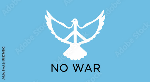Dove of peace with peace symbol and text NO WAR on blue background