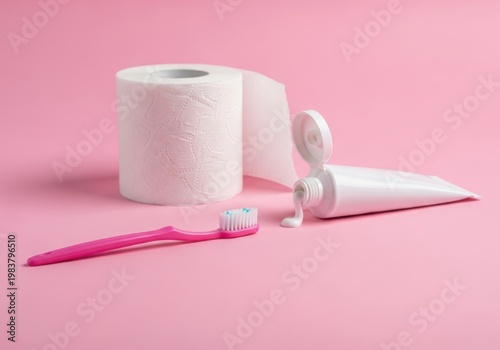 Pink bathroom essentials with toilet paper and toothbrush on pastel background
