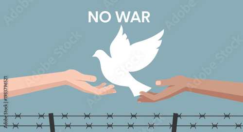 Hands offering dove of peace over barbed wire, no war concept