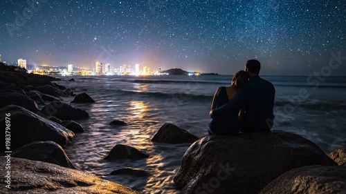 Romantic anime couples sitting on rocks by the ocean under starry night sky