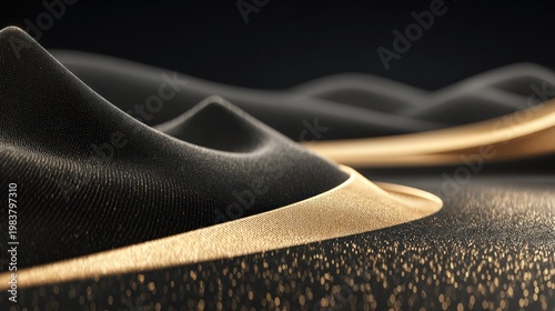 Elegant undulating fabric structures display luxurious black texture accented with shimmering gold detailing