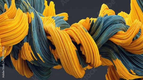 Vibrant yellow and deep teal intertwined strands form a dynamic abstract wave structure.