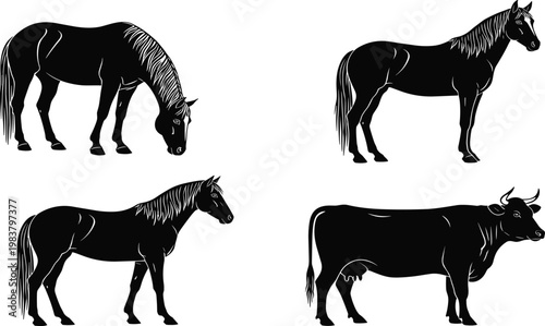 Silhouette farm animals illustration featuring grazing horses and standing cow, black vector design for agriculture and livestock themes