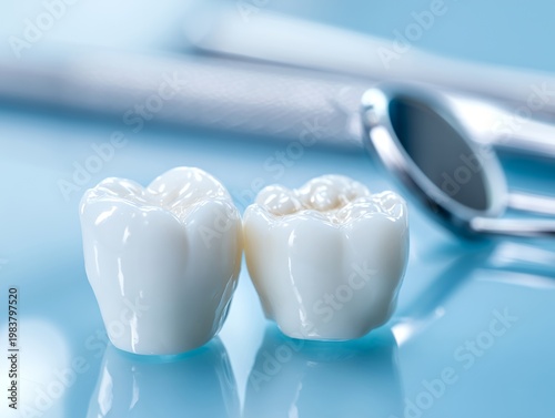 Dental crowns on blue background with dentist tools