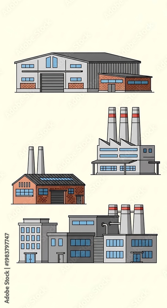 Fototapeta premium Collection of industrial building illustrations; various factory styles presented with a cartoonish and illustrative aesthetic