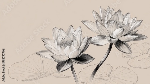 Elegant Black and White Sketch of Water Lilies on a Soft Background