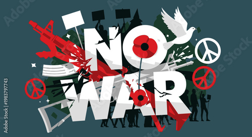 No War Text with Peace Symbols, Dove, Poppy Flowers and Anti-War Imagery