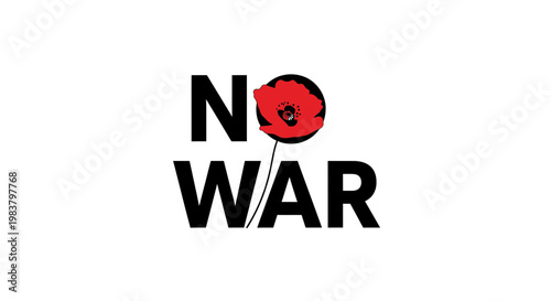 No War Text with Red Poppy Flower Symbol on White Background