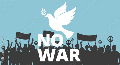 Peace Dove Over Crowd Protesting Against War With 'No War' Text