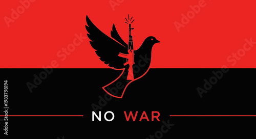 Dove holding rifle, NO WAR text, symbol of peace and anti-war protest