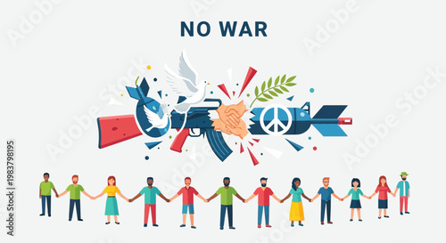 Diverse people holding hands, symbolizing peace and anti-war message with dove and rifle