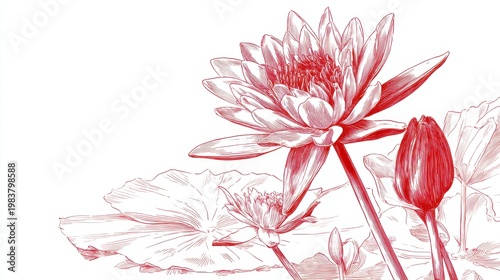 Delicate Red Water Lily Illustration Over White Background