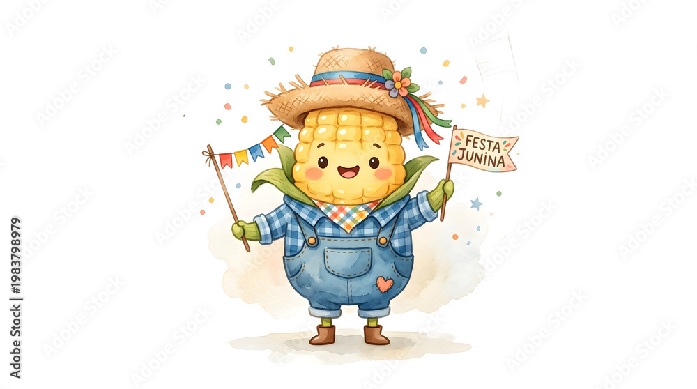 Fototapeta premium Corn character in the style of a June Festival, watercolor illustration on a white background.