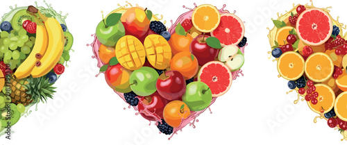 Colorful Mixed Tropical Fruit Heart Shape and Bunch Arrangement with Juice Splash Vector Set on White Background