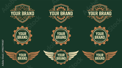 Set of nine vintage industrial logo emblems featuring shields, gears, and wings on a dark green background for professional branding.