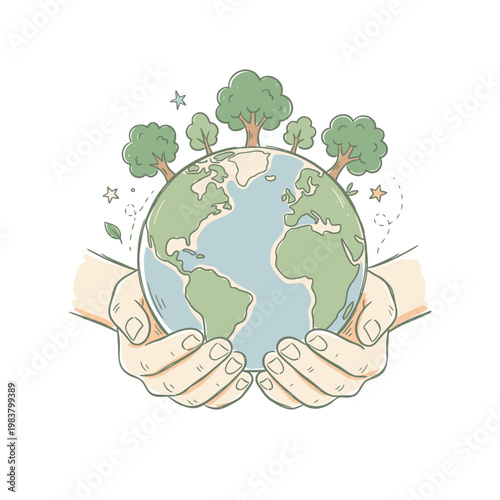 A person holds the Earth surrounded by trees and stars.