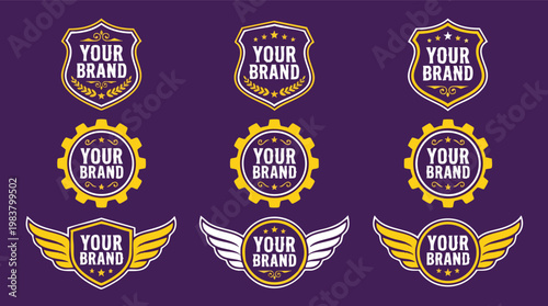 Collection of vintage vector badge templates with shield, gear, and wing motifs on a purple background for brand identity design.