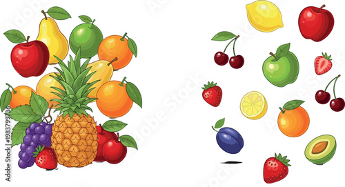 Colorful Tropical and Summer Fruit Vector Collection with Pineapple, Apple, Orange, Cherry, Strawberry and Avocado Illustration Set