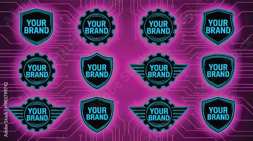 Collection of futuristic neon logo templates with shields and gears on a glowing purple circuit board background for tech branding.