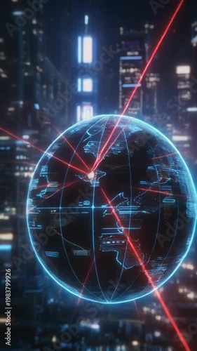 A futuristic globe with red laser beams in a city at night