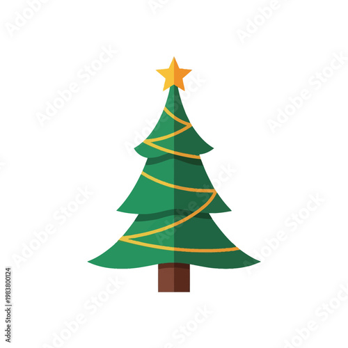 Green tiered Christmas tree vector graphic featuring a yellow five-pointed star topper and golden tinsel decoration, isolated on a white background for festive holiday design.