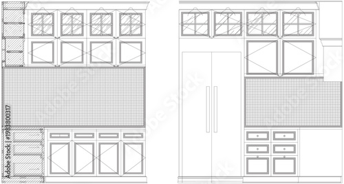 Classic Kitchen Cabinet Elevation Blueprint Design Interior Furniture Line Art Detailed Drawing Design Concept for Architecture and Home Decor