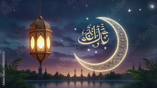 Crescent moon with Arabic calligraphy and lantern over a serene landscape
