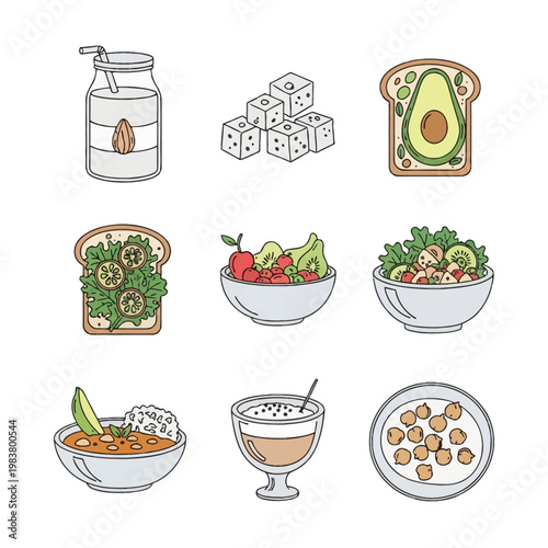 Set of nine colorful outline icons featuring vegan plant-based meals including almond milk jar, tofu cubes, avocado toast, fruit bowl, fresh salad, vegetable curry with rice, and legume dishes.