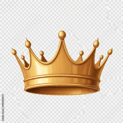 Realistic golden crown isolated on a transparent background, featuring a polished metallic finish, multiple points with spherical tips, and a smooth circular base for royal and success themes.