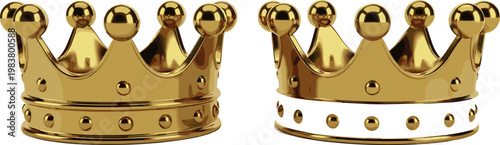 Shiny Golden Royal Crown Pair with Gold and White Band 3D Realistic Vector Illustration on White Background