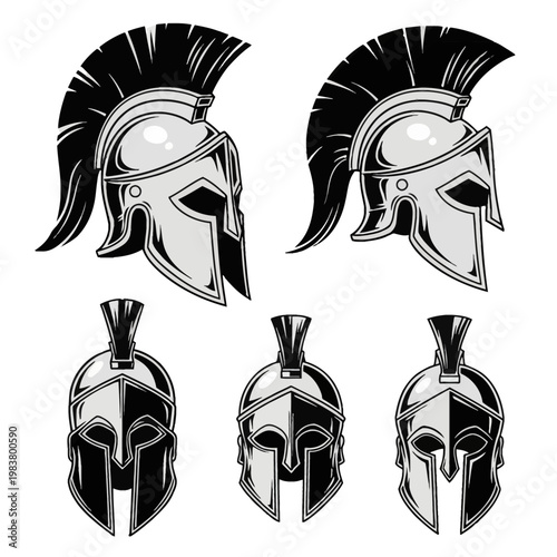 Vector collection of ancient Greek Spartan and Roman gladiator helmets in black and white line art, featuring side and front views with decorative plumes and crests on a white background.