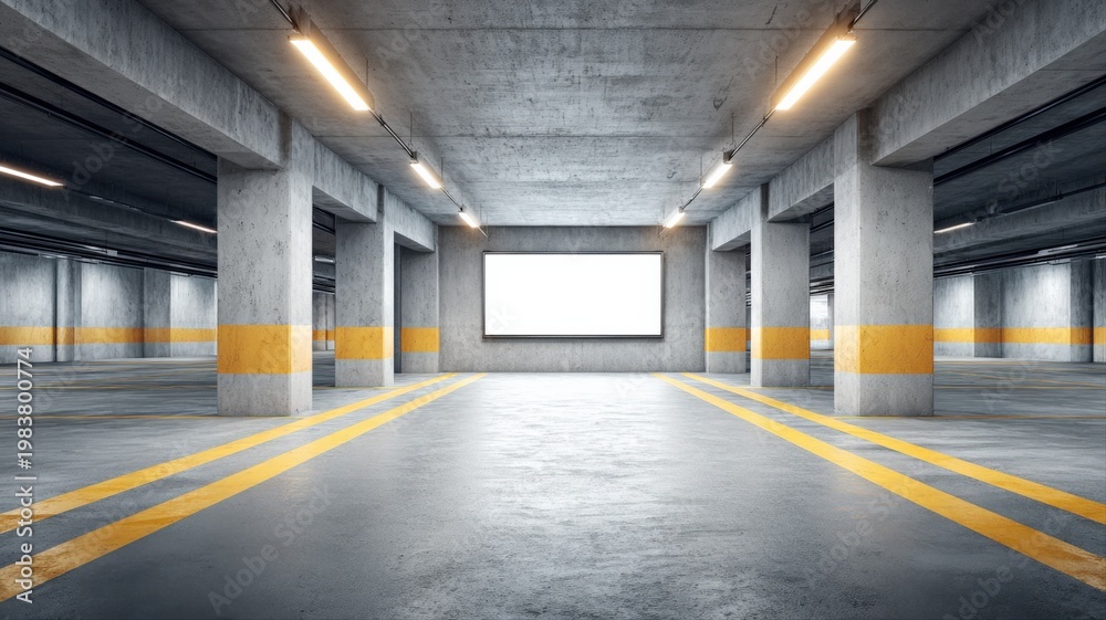 Fototapeta premium Empty Concrete Parking Garage Interior with Bright Overhead Lights and Yellow Safety Lines