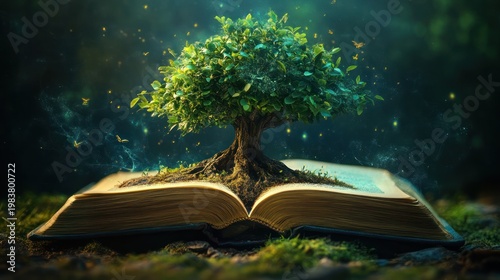 Magical Tree of Knowledge Growing from an Open Book.
