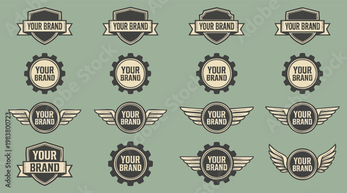 Vintage brand logo templates featuring industrial gears, shields, and wings in a retro monochrome style on a muted green background.